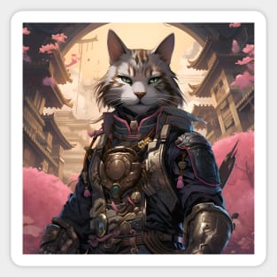 Cherry Blossom Samurai Cat Sticker